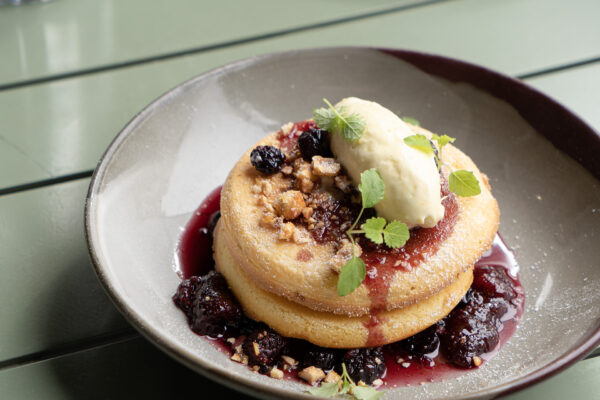 Fluffy Hotcakes, Berry Compote, Citrus Mascarpone & Candied Hazelnuts