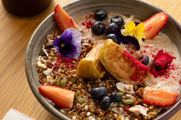 Porridge made with Crumble and Hempnola Granola, Cinnamon Apple, Seasonal Fruit PB / GF