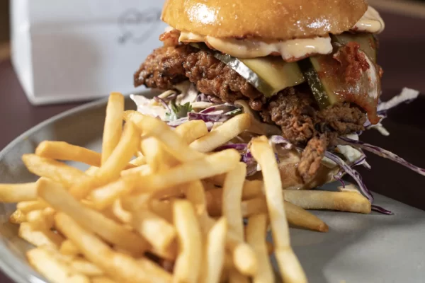 Korean Fried Chicken Burger with fries